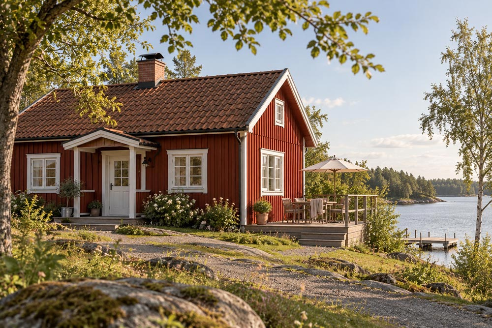 Ett rött hus med stor veranda