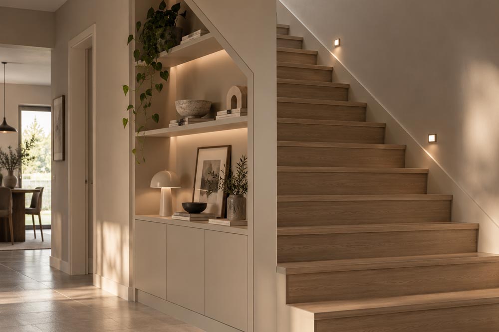 Hall med trappa och en platsbyggd hylla